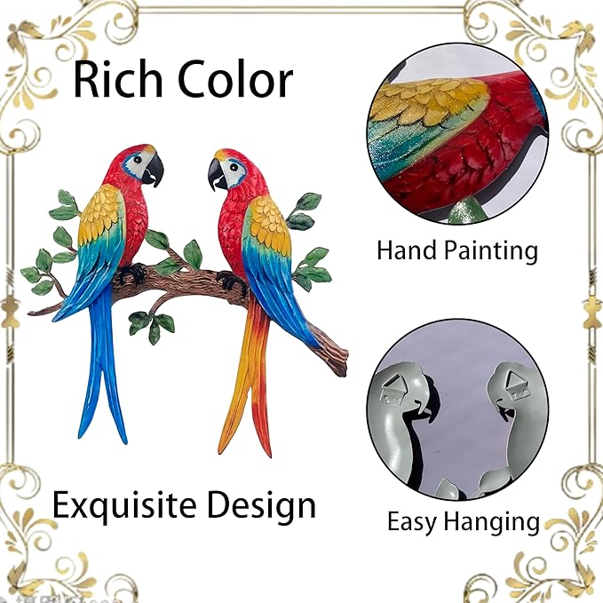Limygus Metal Tropical Two Parrot Wall Art, Colorful Macaw Birds on Branch, Indoor Outdoor Garden Decor, Hand-Painted Hanging Decoration for Patio, Fence, Living Room, Bedroom, Balcony