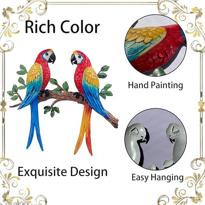 Limygus Metal Tropical Two Parrot Wall Art, Colorful Macaw Birds on Branch, Indoor Outdoor Garden Decor, Hand-Painted Hanging Decoration for Patio, Fence, Living Room, Bedroom, Balcony