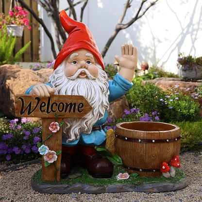 Gnome Garden Statue Planter with Welcome Sign, Waterproof Outdoor Resin Flower Pot, Yard Lawn Patio Decor, Front Porch Ornament Housewarming Gift(Red Hat Gnome)