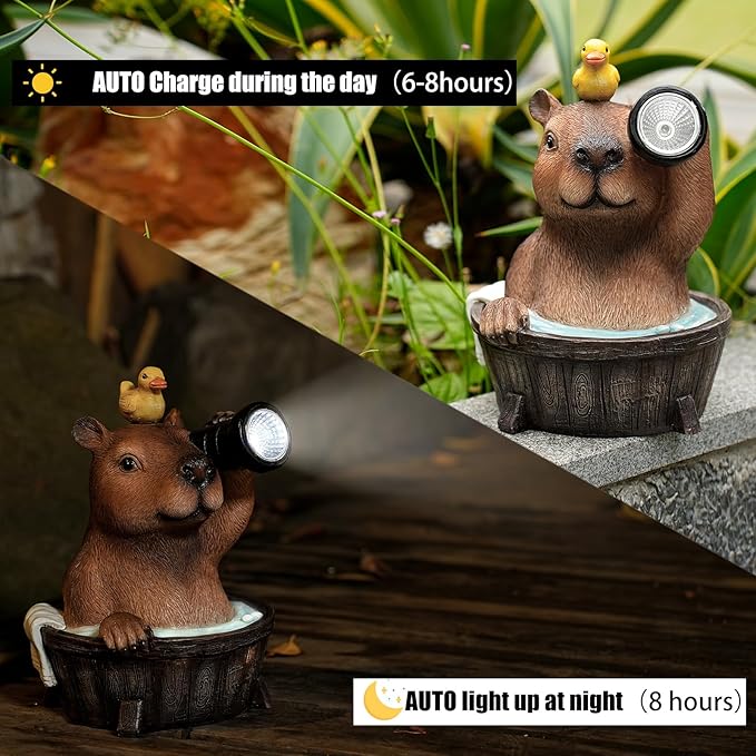 Joint Honglin Capybara Solar Garden Statue – Funny Outdoor Resin Animal Decor with Flashlight & Duck – Waterproof Yard Lawn Ornament with LED Light – Solar Powered Figurine for Patio, Porch, Landscape