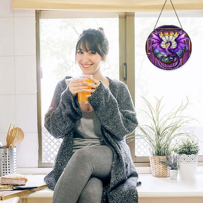 Purple Dragon Stained Glass Window Hanging Dragons SunCatcher Dragon Lovers Gifts for Kid Room Decor Handmade SunCatcher Decoration for Home Decor, 7.87inch
