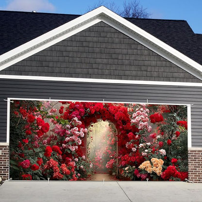 16x7ft Pink White Floral Arch Garage Door Banner - Blossom Tunnel Backdrop, Large Hanging 2 cars Garage Decorations - for Wedding & Baby Shower Welcome Background Sign, Spring Party Decor