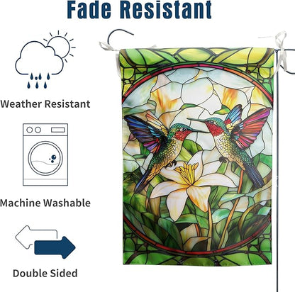 Stained Glass Hummingbird House Flag 28x40 Double Sided Large Decorative Flags For Outside Spring Floral Garden Flag Summer Flower Yard Flags for Lawn Porch Patio Decor