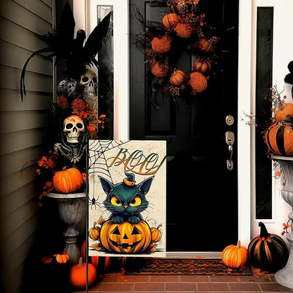 Halloween Garden Flags Black Cat Boo Yard Flag Scary Pumpkin Vertical Garden Flags Spiders Web Holiday Yard Banner 12x18 Inch Double Sided for Outside Decoration