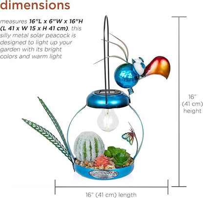 Alpine Corporation 16" H Outdoor Solar-Powered Metal Flamingo Yard Statue, with Enclosed LED Lights, Garden Decor for Patio, Lawn or Porch, Blue