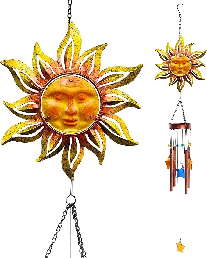 Sun Face Wind Chimes for Outside Valentine Decoration, Aluminum Tubes with Star Shape Suncatcher, Wind Chimes Hanging for Porch Patio Balcony Decor, 37 Inch