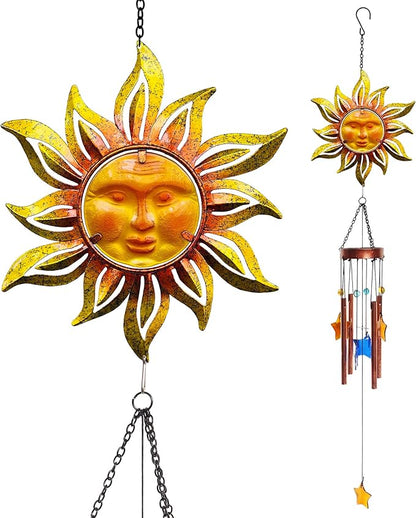 Sun Face Wind Chimes for Outside Valentine Decoration, Aluminum Tubes with Star Shape Suncatcher, Wind Chimes Hanging for Porch Patio Balcony Decor, 37 Inch