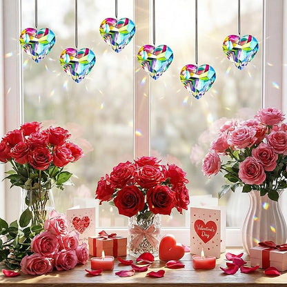 HDCRYSTALGIFTS 6pcs 50mm Crystal Heart Prism Suncatcher Window Sun Catchers Crystals Hanging Decorations Rainbow Maker Pendant Glass Ornaments for Valentine’s Day/Galentines Day