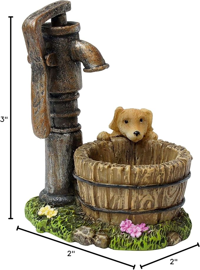 Well Puppy And Wash Basin Antique Brown 3 Inch Resin Stone Outdoor Statue