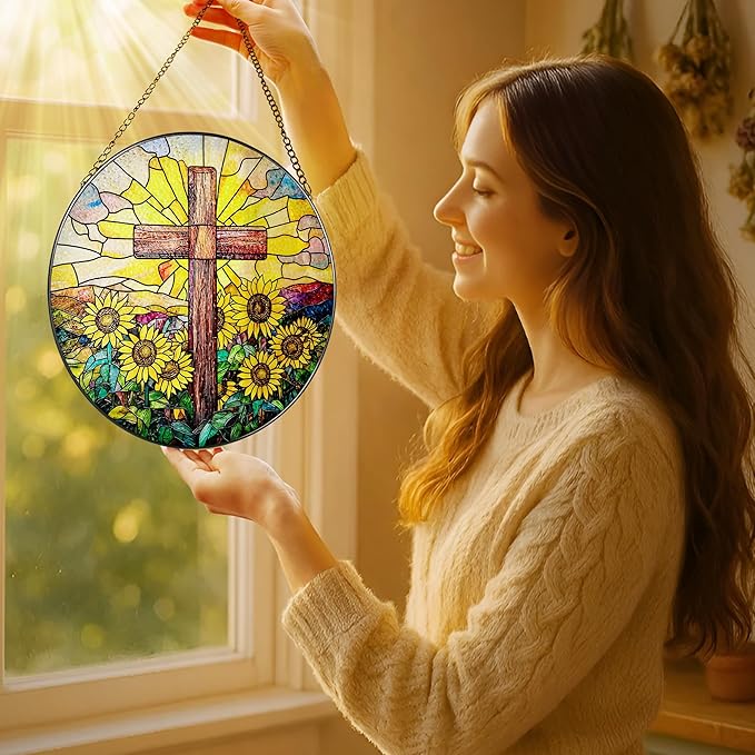 Stained Glass Suncatcher, Sunflower & Cross Sun Catcher Ornament; Stained Glass Window Hanging, Christmas Ornament, Christian Home Decor; Baptism Gift, Christian Gifts, Religious Gifts