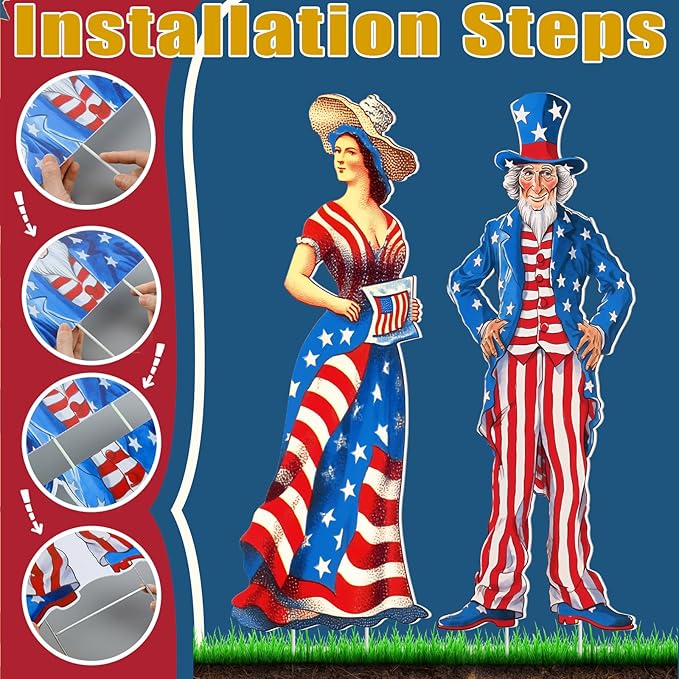 Beeveer 2 Pcs 4th of July Yard Sign with Stake Outdoor Patriotic Star Lawn Decoration American Man Woman Waterproof Welcome Party Yard Sign for Memorial Day Home Garden Pathway Supplies(Woman Man)