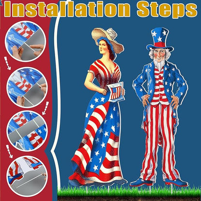Beeveer 2 Pcs 4th of July Yard Sign with Stake Outdoor Patriotic Star Lawn Decoration American Man Woman Waterproof Welcome Party Yard Sign for Memorial Day Home Garden Pathway Supplies(Woman Man)
