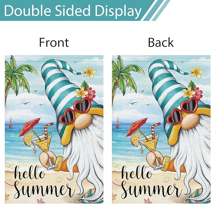 Heyfibro Hello Summer Gnome with Cocktail Garden Flag 12x18 Double Sided Burlap, Hawaii Tropical Beach Holiday Ocean Sea Welcome Flower Yard Banner for Seasonal Outdoor Party Decoration(ONLY FLAG)