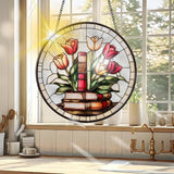 VAIIEYO Book Sun Catcher Stained Glass Window Hanging Ornament, Handmade Sun Catcher Rose Decoration with Hooks for Window Garden Home, Christmas & Birthday Housewarming 7.8 inch