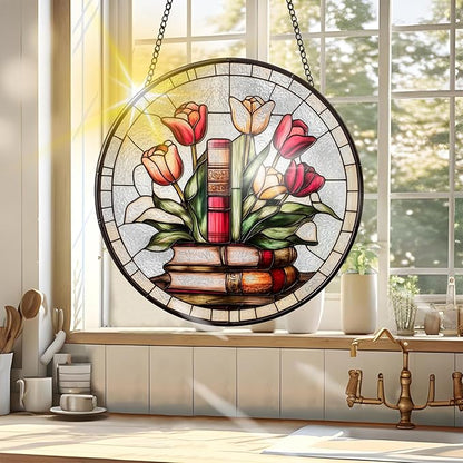 VAIIEYO Book Sun Catcher Stained Glass Window Hanging Ornament, Handmade Sun Catcher Rose Decoration with Hooks for Window Garden Home, Christmas & Birthday Housewarming 7.8 inch