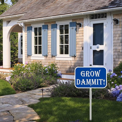 Grow Dammit Garden Sign, 12 x 8 Inches, Blue Aluminum Sign with 28-Inch Stake, Funny Outdoor Garden Decor 1Pack
