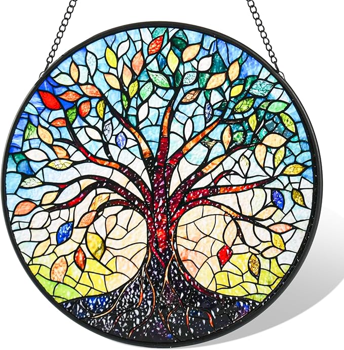Stained Glass Window Hanging, Colorful Tree of Life Sun Catchers for Window Door Garden Kitchen Home Decor Suncatcher Decoration for Birthday Gift for Women, Men, Mom, Dad, Wife, Aunt and Nana 9.8 in