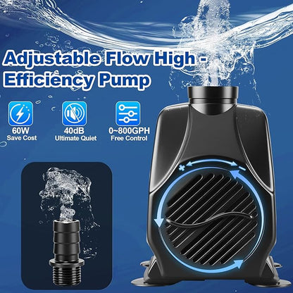 Pond Waterfall with Filter and Pump Kit, 304 Stainless Steel Waterfall Box for Ponds, 11.8in Spillway, 800 GPH Submersible Pump, 9.8' Hose, Sponge Filter, for Garden Pond, Water Feature, Aquaponics