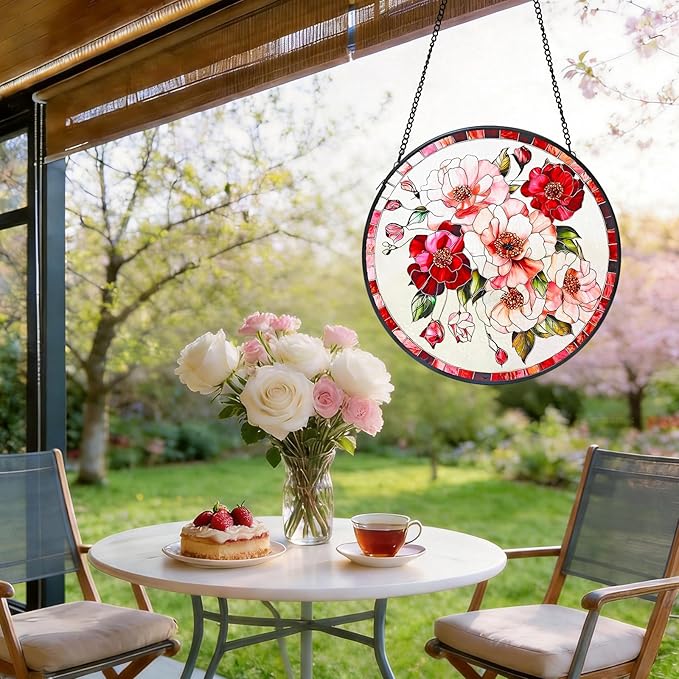 Stained Glass Window Hanging, Pink Flower Sun Catchers for Windows Hanging Ornaments, Garden Sun Catcher Panel Gifts for Flower Lover for Women, Mom, Grandma