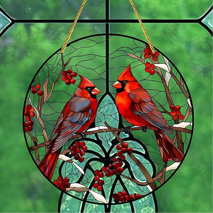 5.9'' Acrylic Window Hanging Cardinal Suncatcher Decor, Red Bird Suncatcher Panel Outdoor Wall Art Stained Panel Hangings Gift for Home Garden Ornament for Birds Lover