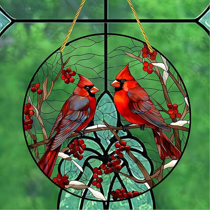 5.9'' Acrylic Window Hanging Cardinal Suncatcher Decor, Red Bird Suncatcher Panel Outdoor Wall Art Stained Panel Hangings Gift for Home Garden Ornament for Birds Lover