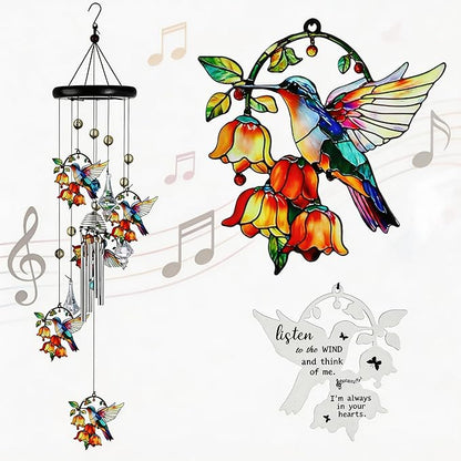HDCRYSTALGIFTS Hummingbird Wind Chimes for Outside, 27'' Memorial Windchimes Outdoors, Hummingbirds Gifts for Women, Metal Chimes Window Garden/Yard Decor, Memorial/Birthday Gifts for Grandma/Mom