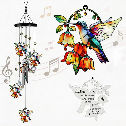 HDCRYSTALGIFTS Hummingbird Wind Chimes for Outside, 27'' Memorial Windchimes Outdoors, Hummingbirds Gifts for Women, Metal Chimes Window Garden/Yard Decor, Memorial/Birthday Gifts for Grandma/Mom