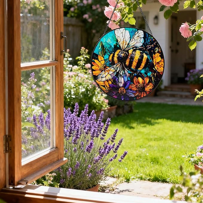 Stained Glass Window Hanging, Bee Yellow Flower Suncatcher for Doors Home Sun Catchers Decoration, Mother's Day Birthday Gifts for Women, Men, and Mom