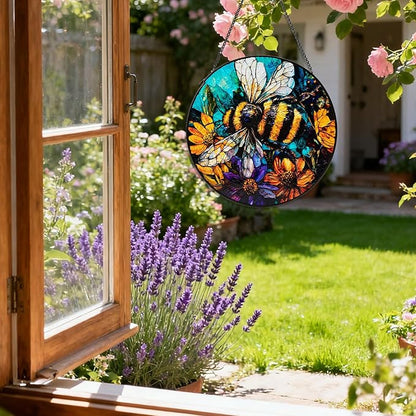 Stained Glass Window Hanging, Bee Yellow Flower Suncatcher for Doors Home Sun Catchers Decoration, Mother's Day Birthday Gifts for Women, Men, and Mom