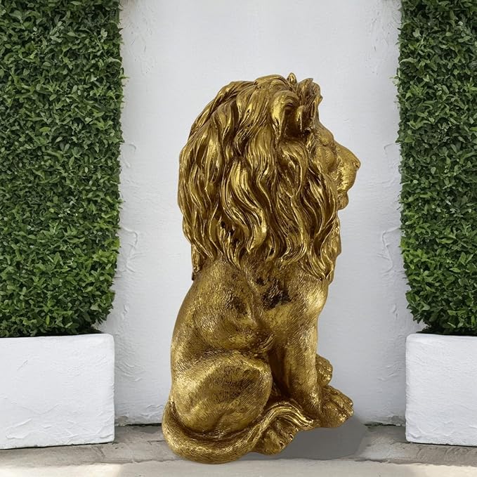 Large Golden Lion Garden Statue, 24" Resin Regal Sitting Lion Sculpture for Front Door, Luxury Home Entrance Guardian Decor, Outdoor Animal Figurine, Feng Shui Protection Beast