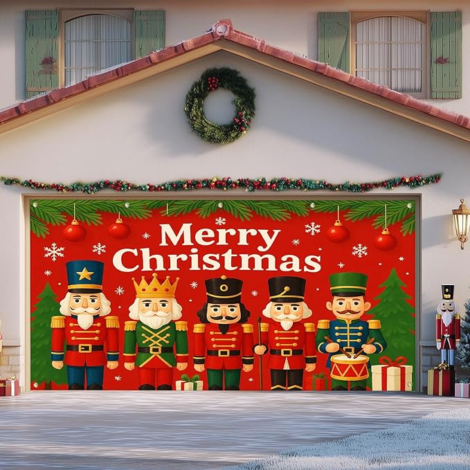 IVN Christmas Garage Door Cover Decoration 13x6ft Nutcracker Lineup Green Accents Red Banner Merry Christmas Garage Door Banner Home Door Front Yard Decor for Xmas Eve Holiday Outdoor