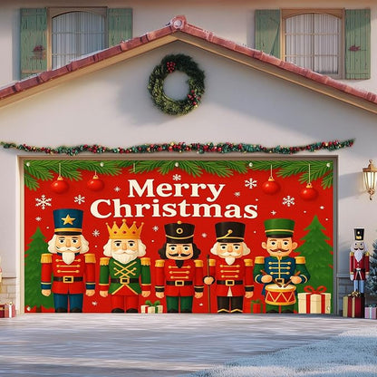 IVN Christmas Garage Door Cover Decoration 13x6ft Nutcracker Lineup Green Accents Red Banner Merry Christmas Garage Door Banner Home Door Front Yard Decor for Xmas Eve Holiday Outdoor