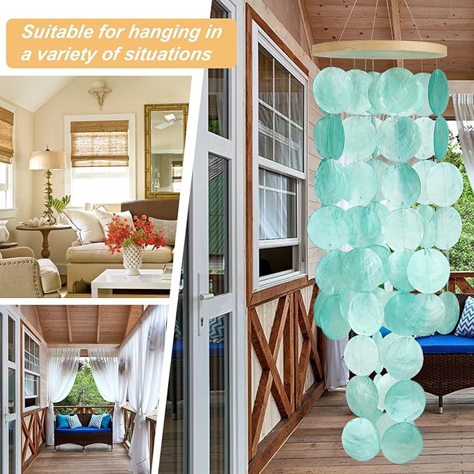 Wind Chimes for Outside - Handcrafted Turquoise Capiz Shells Windchime Coastal Style Decor for Indoor/Outdoors, Garden Decor, Great for Women, Wind Chimes Lovers and More