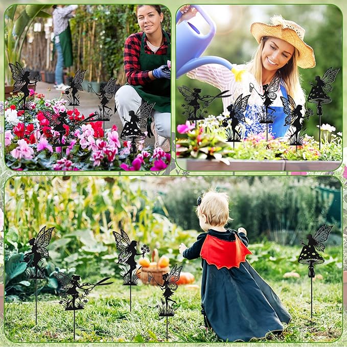 Novabright 5 Pcs Decorative Garden Stakes Metal Fairy Silhouette Set Stakes Outdoor Yard Art Decor Fairy Garden Sign for Lawn Flower Bed Planter Pot Landscaping (Black)