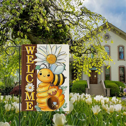 Dyrenson Welcome Spring Summer Bumble Bee Decorative Garden Flag, Daisy Flower Honeycomb Yard Outside Home Decorations, Farmhouse Honey Floral Burlap Outdoor Small Decor Double Sided 12 x 18