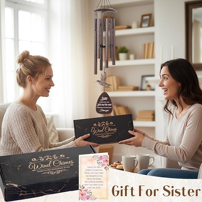 Sister Gifts Wind Chimes - Waterproof Hummingbird Windchimes Decor with Greeting Card Indoor Outdoor Garden Patio Yard Home Hanging Appreciation Christmas New Year Birthday Gift for Sisters