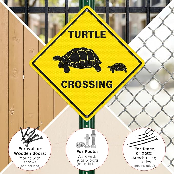 2 Pack Turtle Crossing Sign 12" x 12" Reflective Aluminum Warning Signs UV Protected Waterproof Funny Metal Turtle XING Sign for Yard Garden Fence House Outdoor Wall Decor