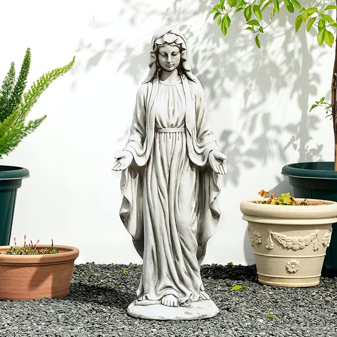 glitzhome GH50521 Blessed Mother Virgin Mary Religious Garden Decor Statue, 31 Inch, Antique Beige