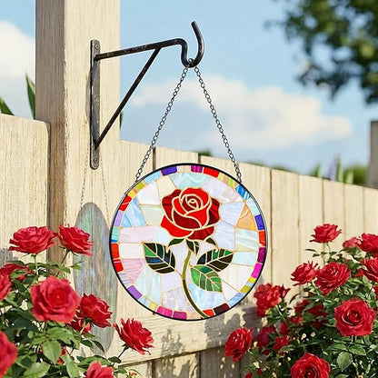 Stained Glass Window Hanging, Red Rose Suncatcher 7.8 in Sun Catcher Glass Panel Boho Wall Art Decor with Chain Diamond Glass Panel Hangings Scenery Sun Catchers Decor for Lover Couple Mom