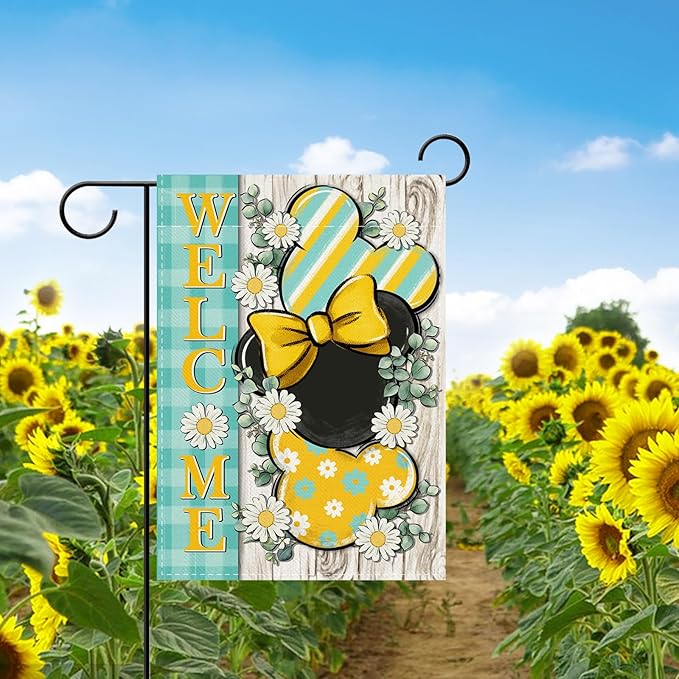 Welcome Spring Decorative Garden Flag, Daisy Flower Yellow Teal Plaid Stripes Yard Outside Decorations, Summer Farmhouse Outdoor Small Home Decor Double Sided 12 x 18