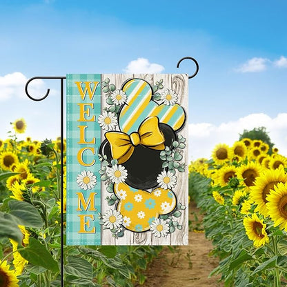 Welcome Spring Decorative Garden Flag, Daisy Flower Yellow Teal Plaid Stripes Yard Outside Decorations, Summer Farmhouse Outdoor Small Home Decor Double Sided 12 x 18