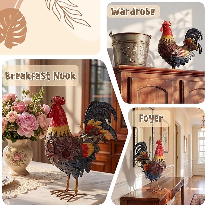 Zhengmy Metal Rooster Garden Statue Lifelike Colorful Metal Rooster Yard Decor Hand-Painted Iron Chicken Sculpture for Patio Lawn Backyard Farmhouse Outdoor Indoor Decoration (Red)