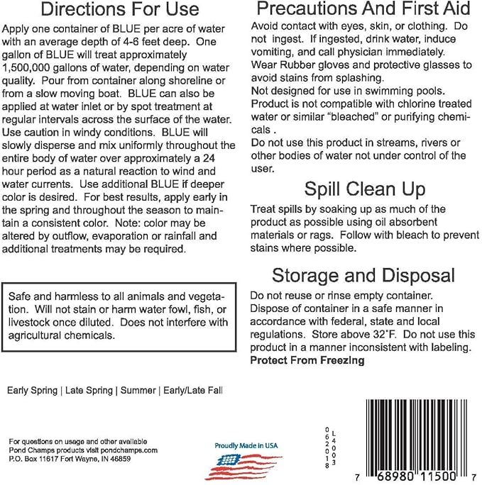 Blue Lake and Pond Dye - One Gallon of Professional Lake & Pond Dye - Treats Up to 1 Acre - Royal Blue Color - Safe for Fish, Wildlife, Pets & Children