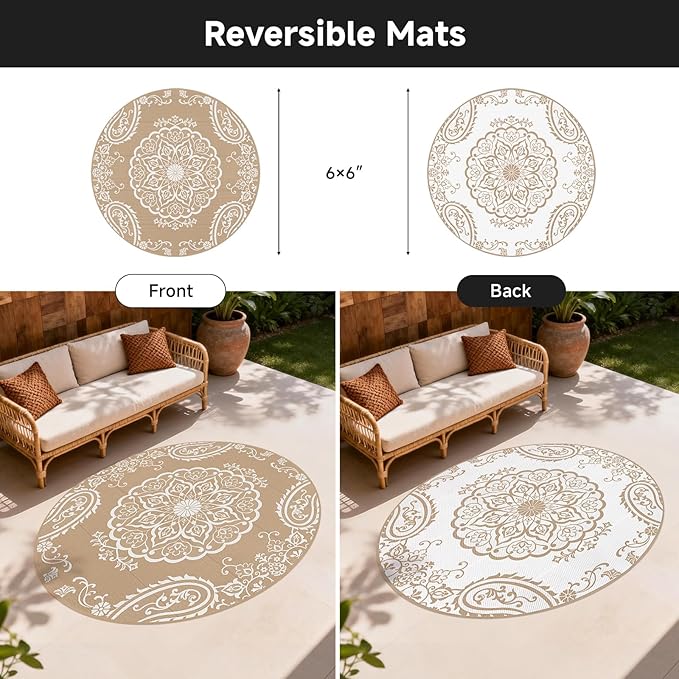 Pauwer Waterproof Outdoor Rug 8ft, Reversible Plastic Straw Patio Camping Rug, Indoor Outdoor RV Mat Carpet for Deck, Camper, Porch, Balcony, Backyard, Picnic, Boho Brown
