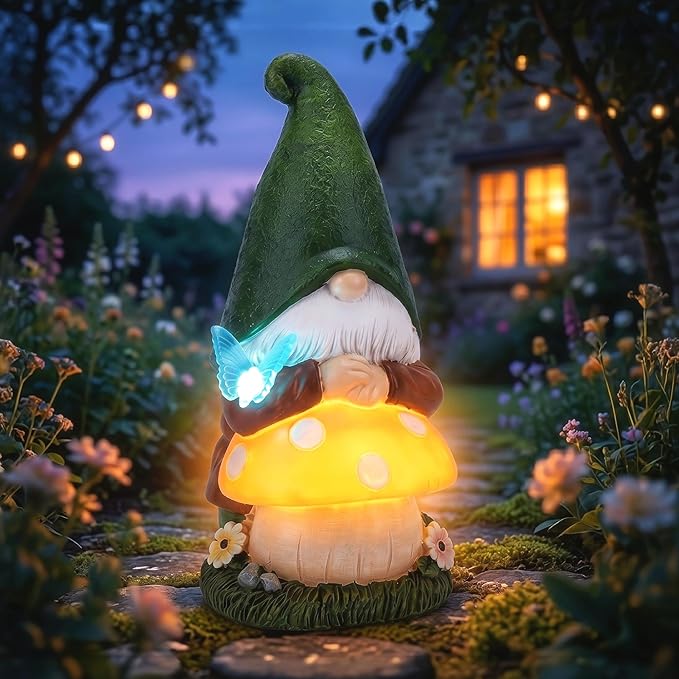 MXwcy Solar Garden Gnomes Statues, 9.06" Resin Gnomes Mushroom Butterfly Garden Decor, Solar Lights Outdoor Waterproof LED Gnomes Decorations for Yard Patio Lawn, Gnome Gifts for Women Mom Grandma