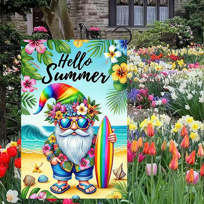 BlissYard Hello Summer Garden Flag Beach Gnome Flag 12x18 Inch Double Sided Welcome Summer Holiday Yard Flag Outside Decoration Farmhouse Outdoor Small Decor