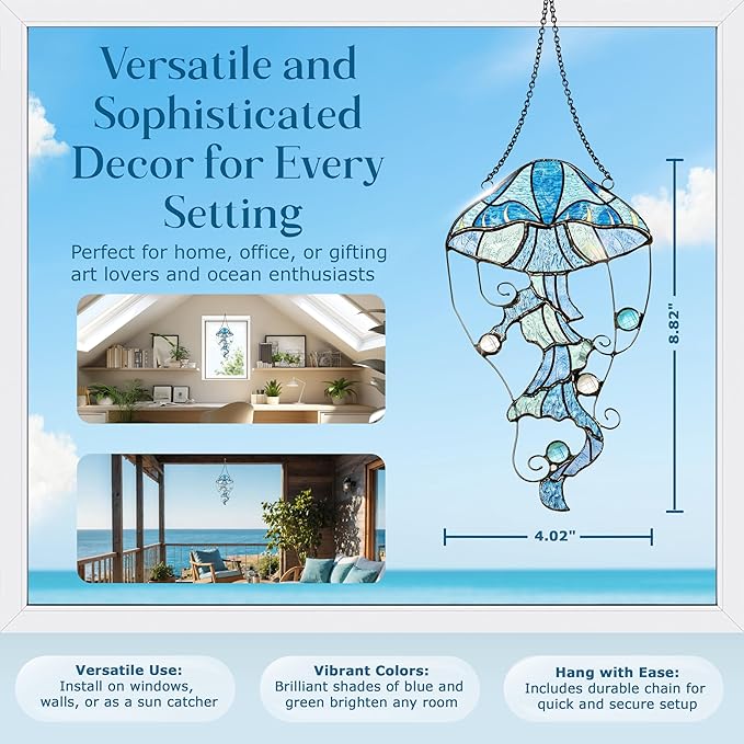 Jellyfish Stained Glass Window Hanging, Ocean Sea Life Sun Catchers Indoor Panel, Nautical Suncatcher Decor for Home, Wall, Garden, Coastal Ornament Gift for Women, Beach Lovers