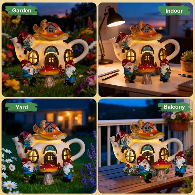 twinbling Solar Fairy Garden House Lights - Mushroom Teapot Gnome House Statue Set with 2 Mini Gnomes and 1 Mushroom Figurines, Outdoor Garden Decor, Gift for Gardeners and Moms (Set)