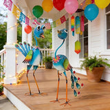 22.5" Metal Peacock Garden Statues Set of 2, Whimsical Cartoon Bird Sculptures with Hand-Painted Blue & Rainbow Finish, Lifelike Indoor Outdoor Yard Art for Patio Lawn Shelf & Living Room Decor