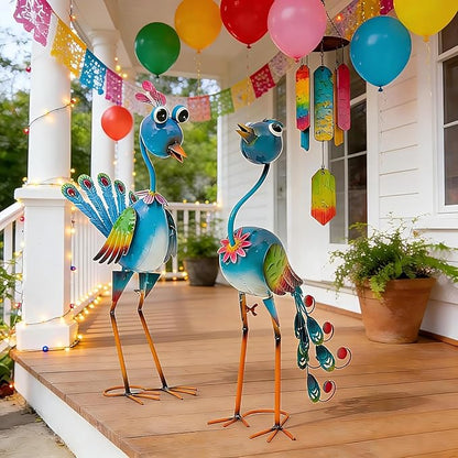 22.5" Metal Peacock Garden Statues Set of 2, Whimsical Cartoon Bird Sculptures with Hand-Painted Blue & Rainbow Finish, Lifelike Indoor Outdoor Yard Art for Patio Lawn Shelf & Living Room Decor